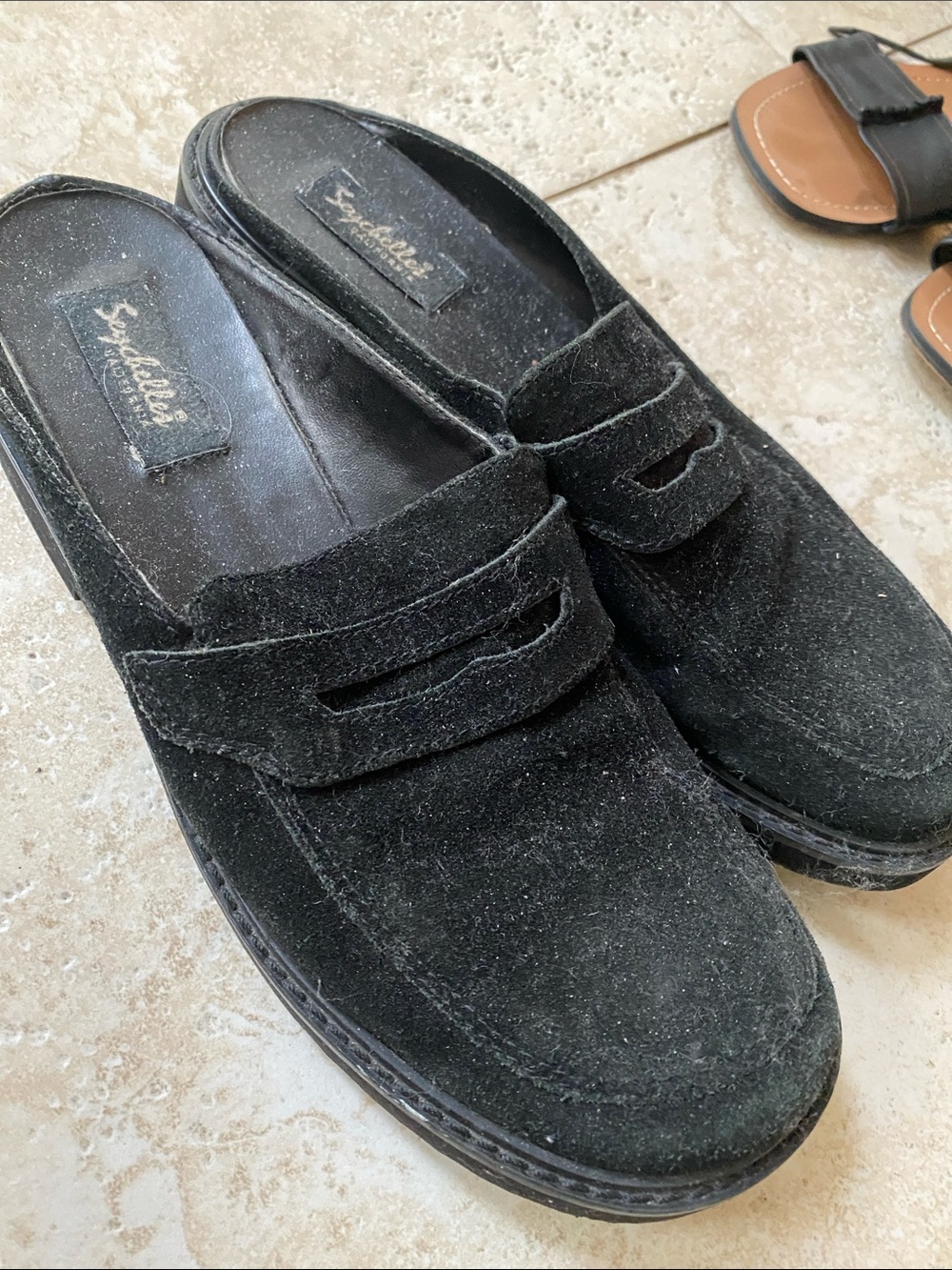 Seychelles, mules, slides, black suede 9 1/2